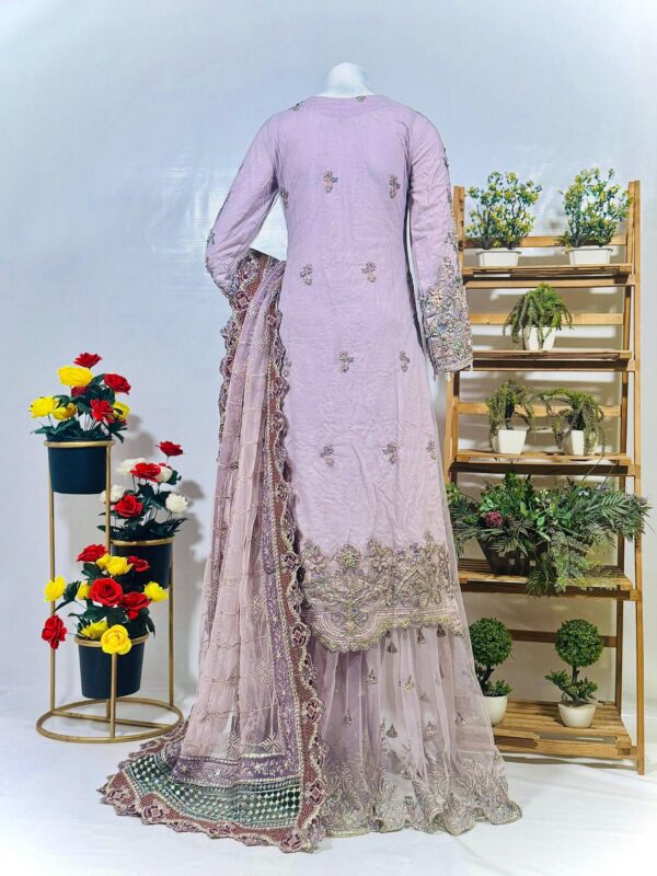 Lavender Fancy Embroidered Dress with Net Dupatta - Image 2