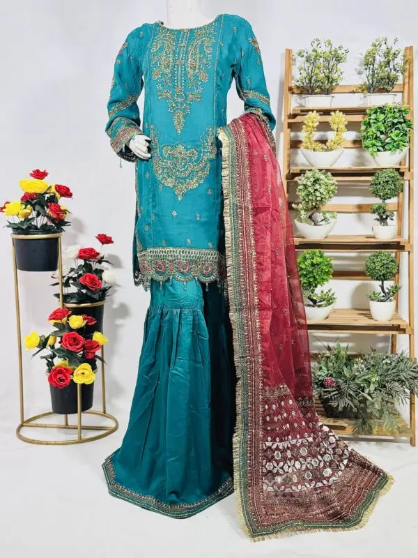 Embroidered Long Shirt with Sharara and Dupatta