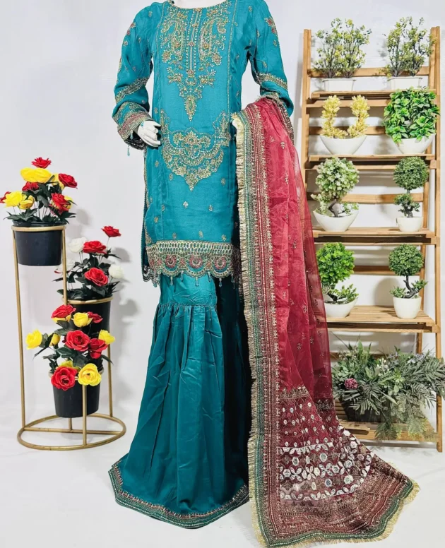 Embroidered Long Shirt with Sharara and Dupatta