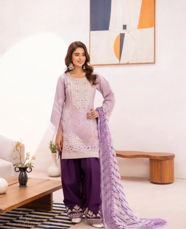 Lilac & Purple Embroidered 3-Piece