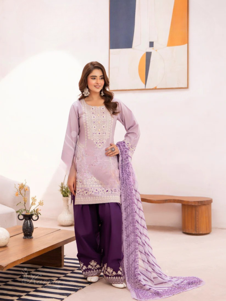 Lilac & Purple Embroidered 3-Piece