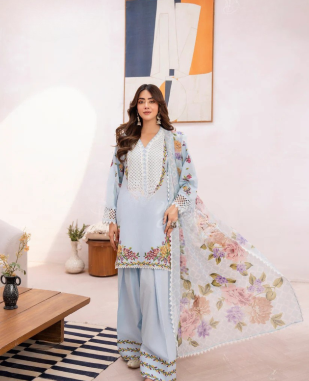 Light Blue & Floral Printed 3-Piece Suit