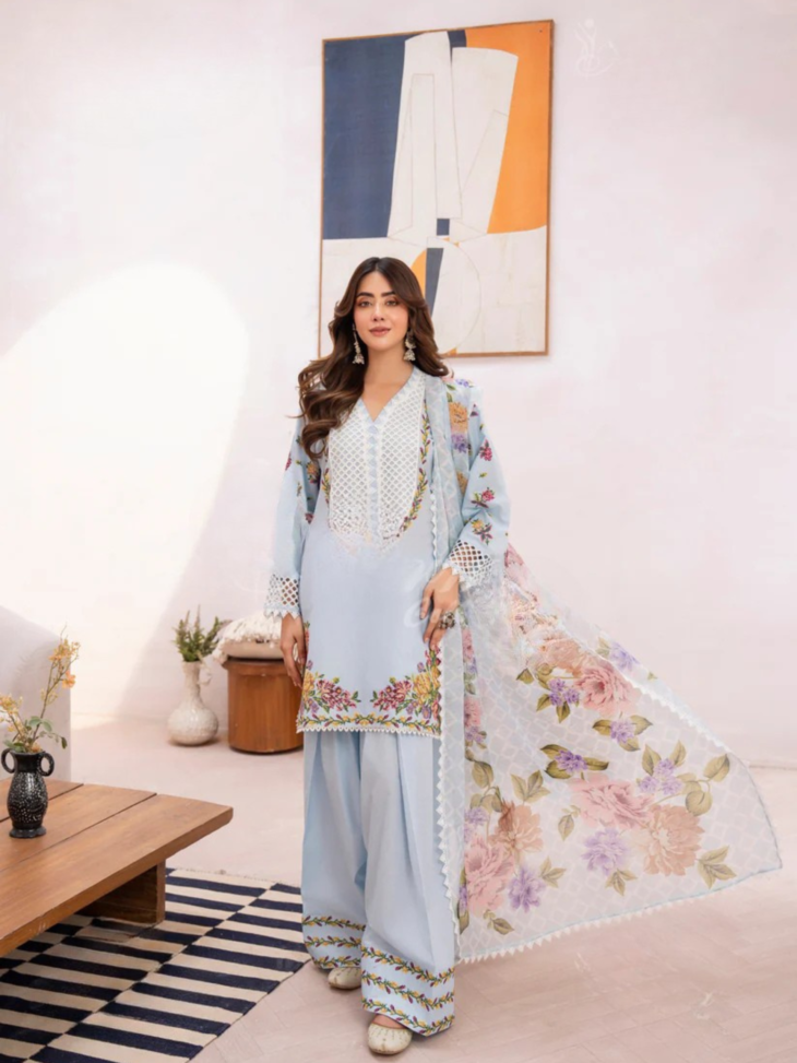 Light Blue & Floral Printed 3-Piece Suit