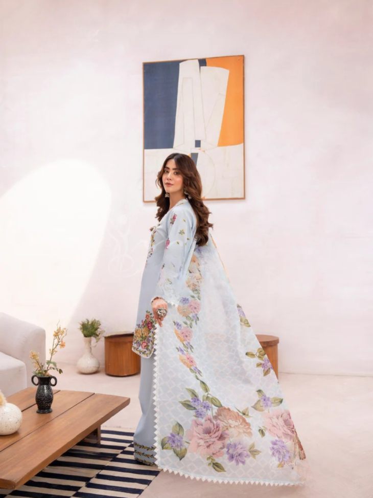 Light Blue & Floral Printed 3-Piece Suit - Image 2