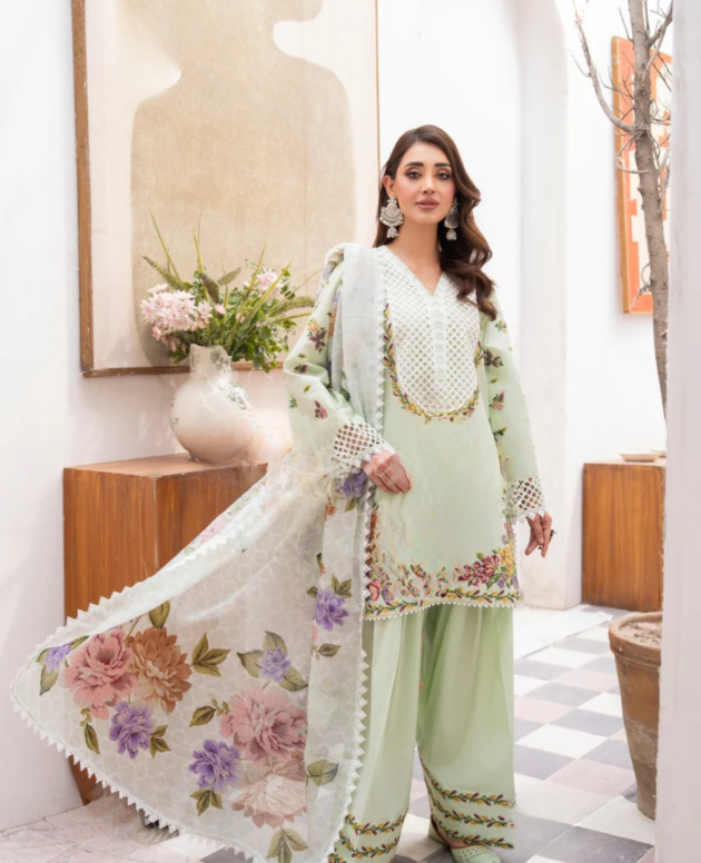 Mint Green & Floral Embroidered Suit
