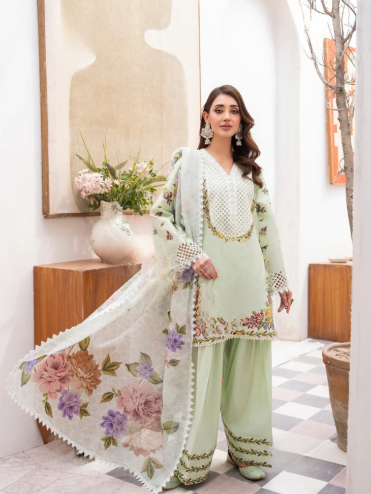 Mint Green & Floral Embroidered Suit