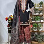 Embroidered Black Suit with Ajrak Trouser & Printed Dupatta