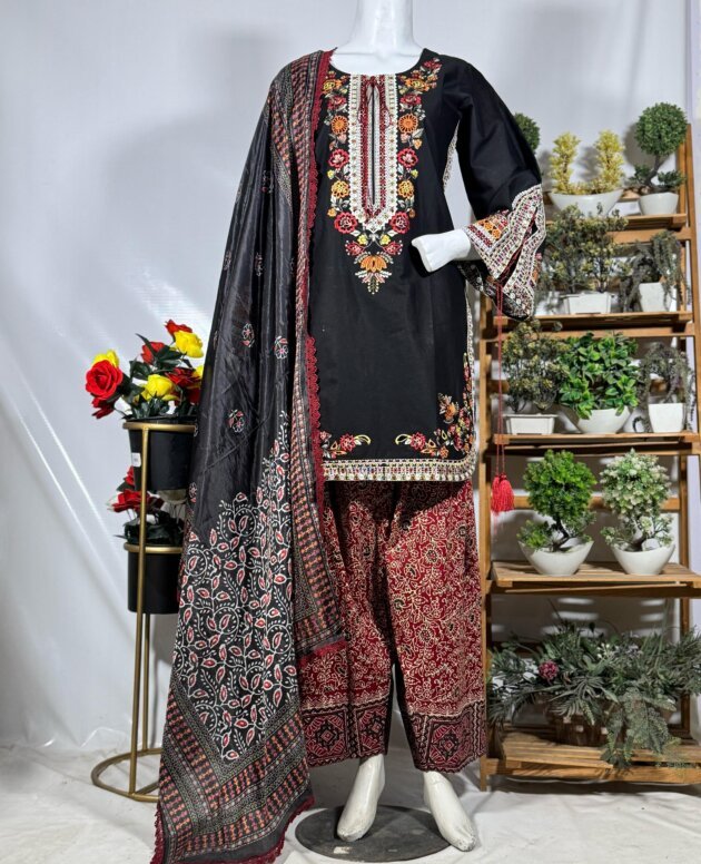 Embroidered Black Suit with Ajrak Trouser & Printed Dupatta
