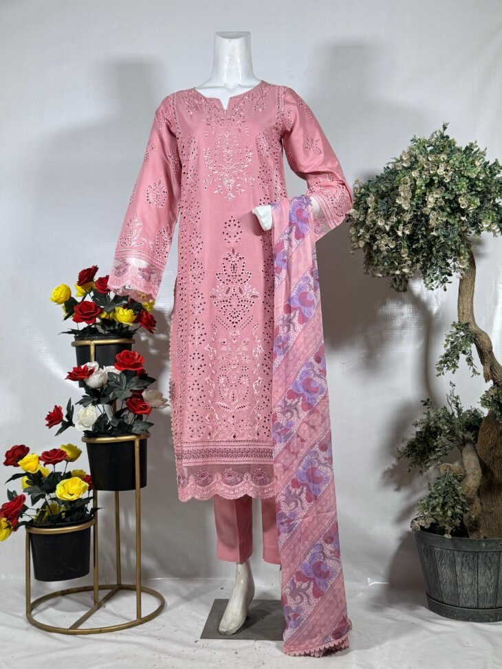 Embroidered Eyelet Suit with Printed Dupatta