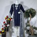 Embroidered Navy Suit with Printed Dupatta