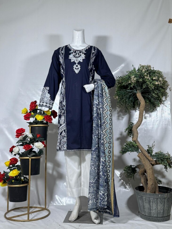 Embroidered Navy Suit with Printed Dupatta