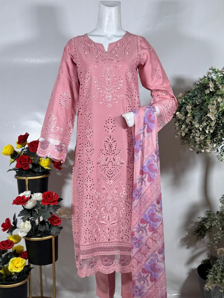 Embroidered Eyelet Suit with Printed Dupatta - Image 2