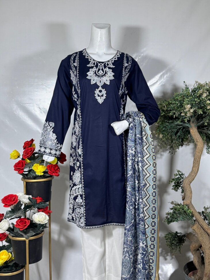 Embroidered Navy Suit with Printed Dupatta - Image 2